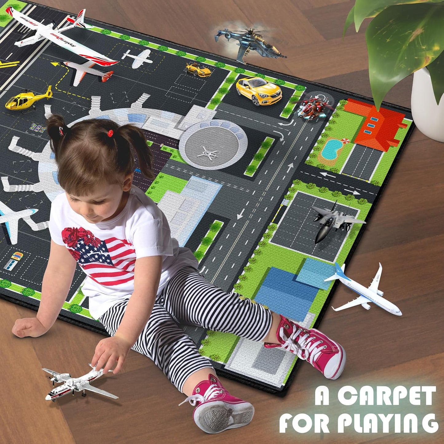 Play Rug for Playroom 2x3 Airport Carpet for Boys Bedroom with Combined City Road Traffic System Aircraft Runway Playmat Rugs Carpet Non-Slip Washable Area Mat