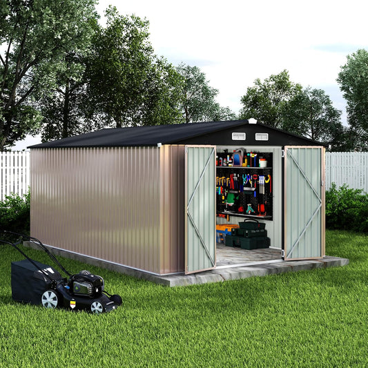 10x14x6.4 FT Outdoor Storage Sheds, Metal Garden Tool Shed for Backyard, Large Metal Sheds Outdoor Storage With Lockable Doors & Air Vents for Backyard Garden Patio Lawn