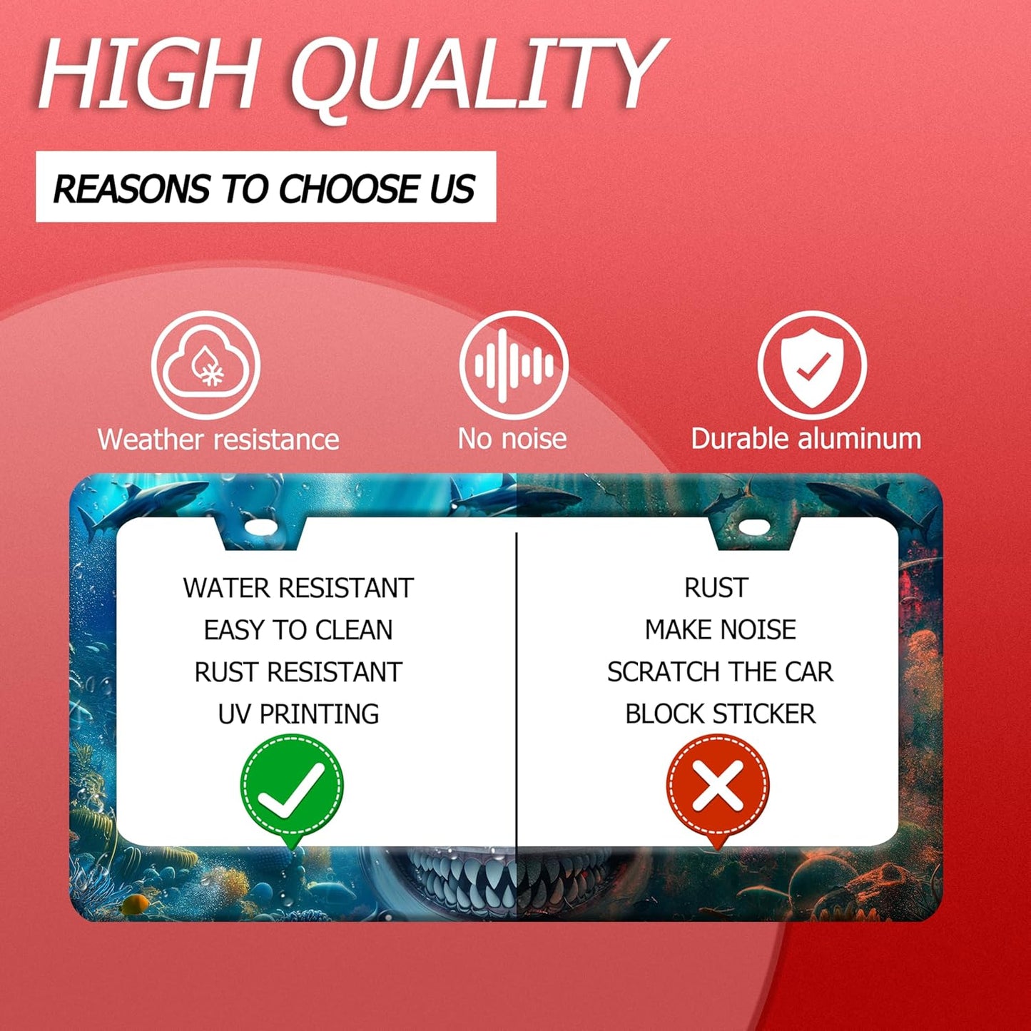 Shark License Plate Frame Ocean Marine Fish License Plate Holder Funny Stainless Steel Accessories Cars Decor with 2 Holes and Screws Fits Standard Us Ca Vehicles License Plate Frames 12.2 X 6 Inch