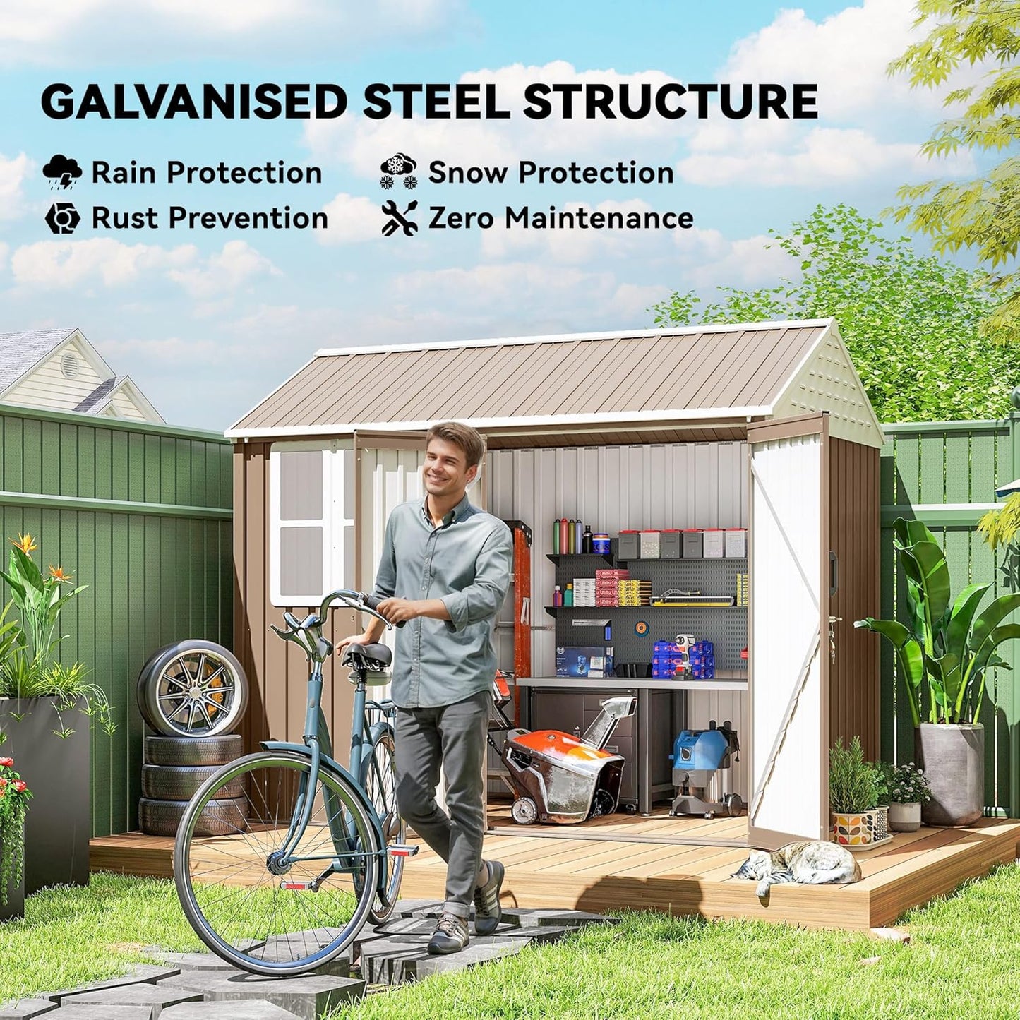 Outsunny 8' x 6' Outdoor Storage Shed, Metal Garden Shed with Window & Double Lockable Door, Outdoor Tool Shed Storage with Sloped Roof for Backyard, Patio, Garage, Lawn, Brown