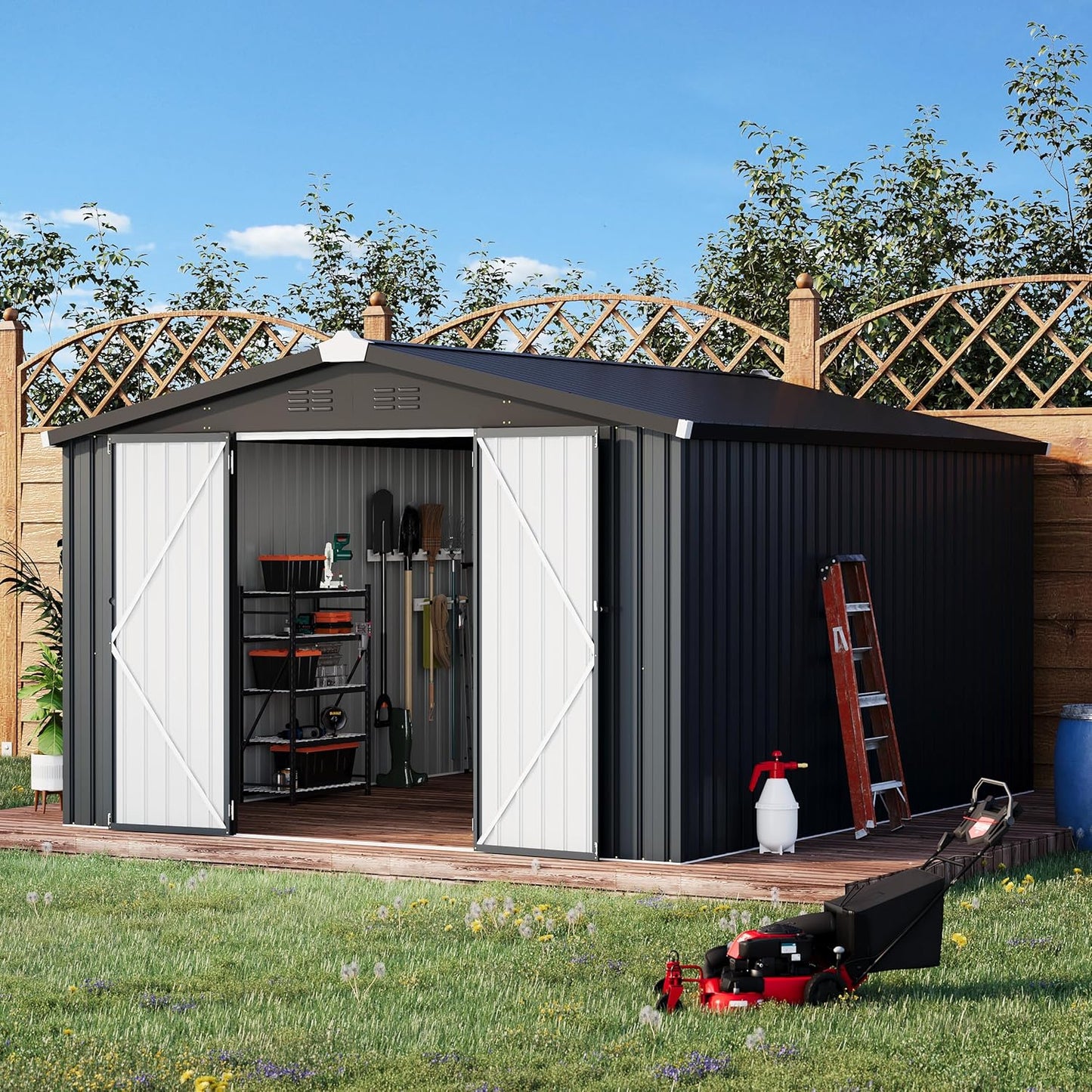 AECOJOY Shed 10' x 14' Storage Shed, Outdoor Storage Sheds & Outdoor Storage 10' x 14' with Lockable Doors, Large Steel Yard Shed, Utility and Tool Storage for Garden, Patio, Outside use in Dark Grey
