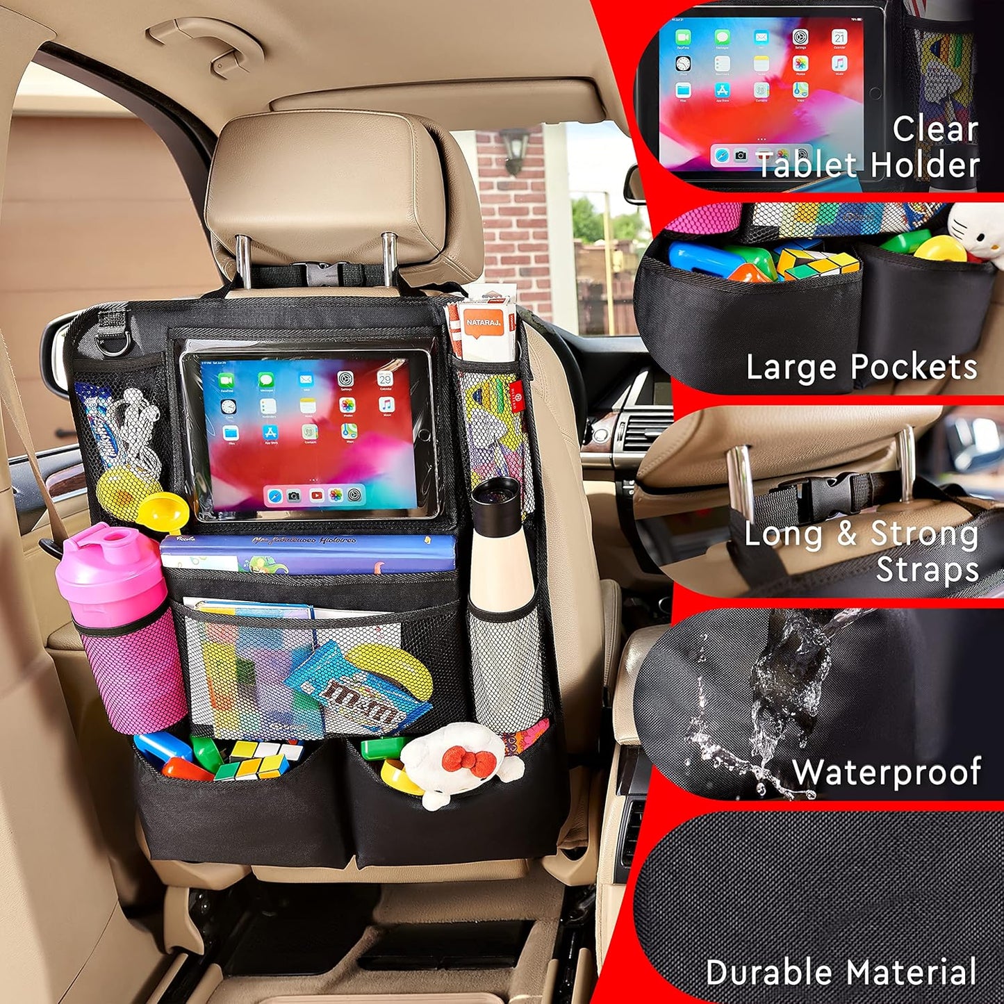 Helteko Backseat Car Organizer, Kick Mats Back Seat Protector with Touch Screen Tablet Holder, Back Seat Organizer for Kids with 9 Storage Pockets, Travel Accessories (2 Pack, Ocean Blue)