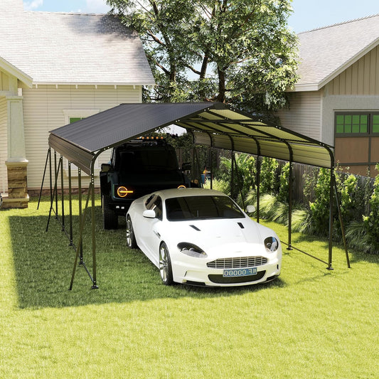 13x26.5 FT Metal Carport, Heavy Duty Car Port Canopy with Galvanized Steel Roof & Frame, Oversized Metal Carport Kit with Hooks, Outdoor 2 Car Garage, Steel Car Shelter for Car, Boat, Truck, Dark Gray