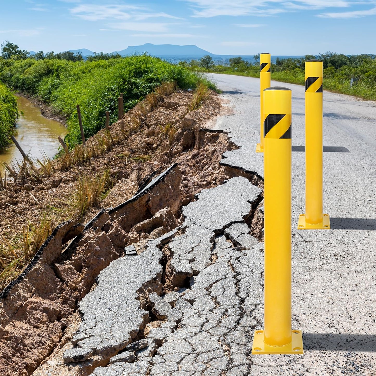 BISupply Safety Bollard Post Parking Barrier 2 Pack - 42in Yellow Pipe Bolt Down Bollard for Garage Lot